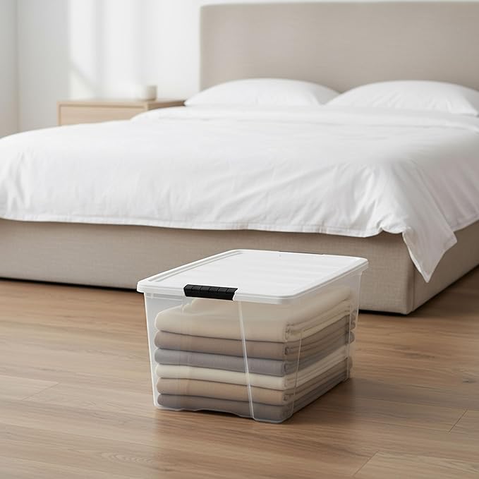 IRIS USA 72 Qt Stackable Plastic Storage Bins with Lids, 4 Pack - BPA-Free, Made in USA - See-Through Organizing Solution, Latches, Durable Nestable Containers, Secure Pull Handle - Clear/White