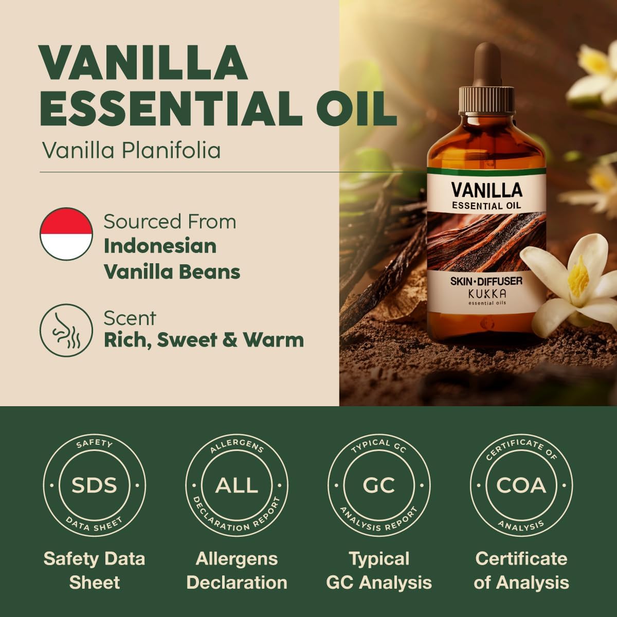 Kukka Vanilla Essential Oil for Diffuser & Skin - 4 Fl Oz - Vanilla Oleoresin Essential Oil - Long Lasting Perfume, DIY Soap Making Scents
