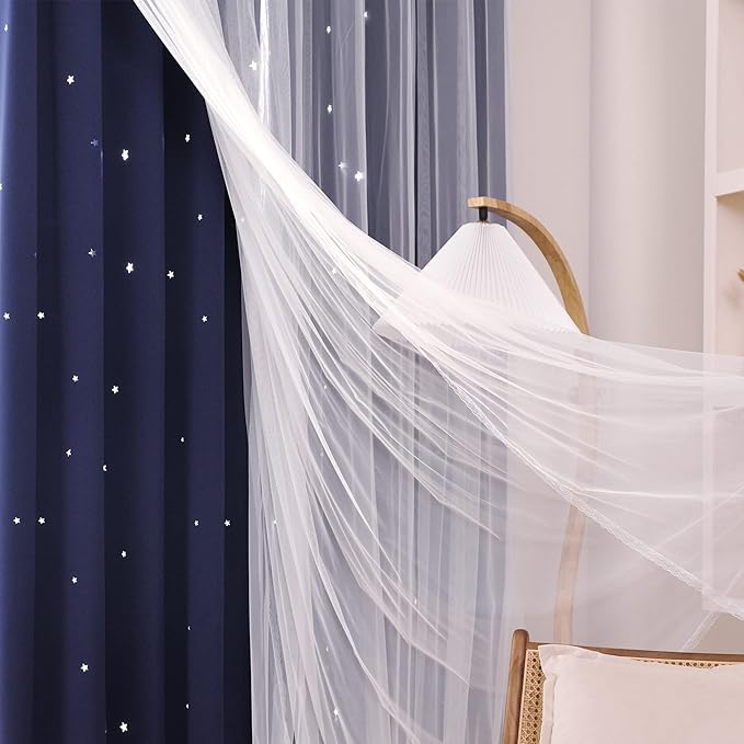 Kinryb Kids Star Cutout Curtains for Bedroom/Living Room/Classroom,2 Free Tiebacks Sheer Overlay 2 Panel Set, Double Layer Curtains for Kids Room(Each Piece W70 x L95 Inches 2 Pcs Navy Blue)