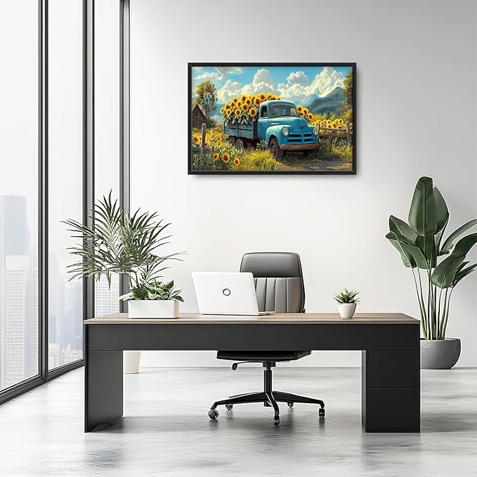 Olivine Large Wall Art, Sunflower Pictures Wall Decor, Farmhouse Sunflower Painting, Sunflowers Truck Canvas Prints, Framed Artwork for Living Room Bedroom Bathroom Office Home Decoration 36"x24"