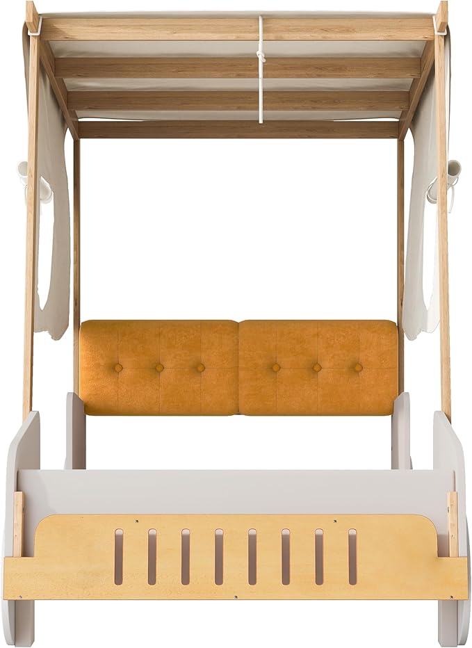 Merax Car Shaped Platform Bed for Kids Twin Size, Solid Wood Bed Frame with Back Cushion & Ceiling Cloth, for Boys Girls Teens, Natural
