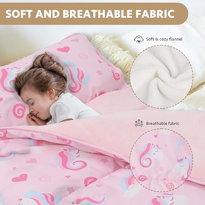 Toddler Nap Mat with Detachable Pillow & Blanket - Soft Plush Minky Fleece Kids Sleeping Bag for Daycare, Preschool & Travel - Portable Roll-Up Design with Carry Handle - Boys Girls Ages 3+