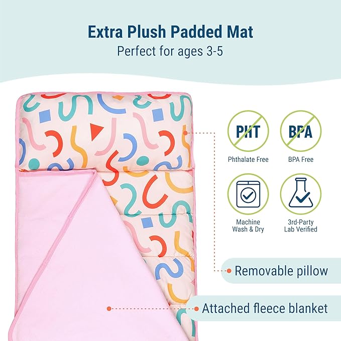 Wildkin 43-inch Kids Nap Mat – Soft Microfiber Toddler Sleeping Mat with Pillow