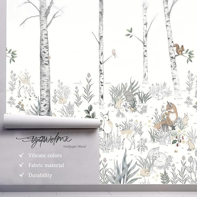 -Nursery Cartoon Woods Hand-Painted Animal Wallpaper Children's Room XT10 M 140" x 91"