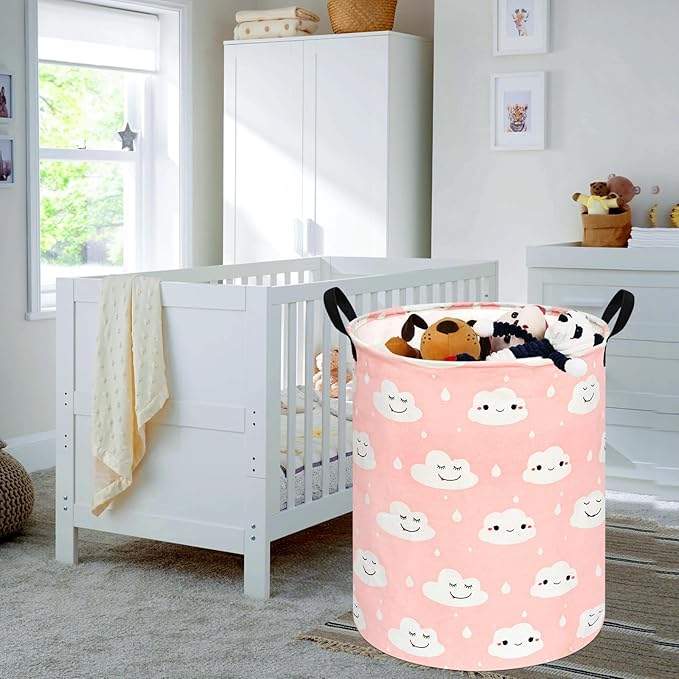 KUNRO Round Laundry Basket Hamper Kids Toys and Clothes Storage Basket Children Gift Basket Baby Toy Organizer Bins for Room Decor (Smile)