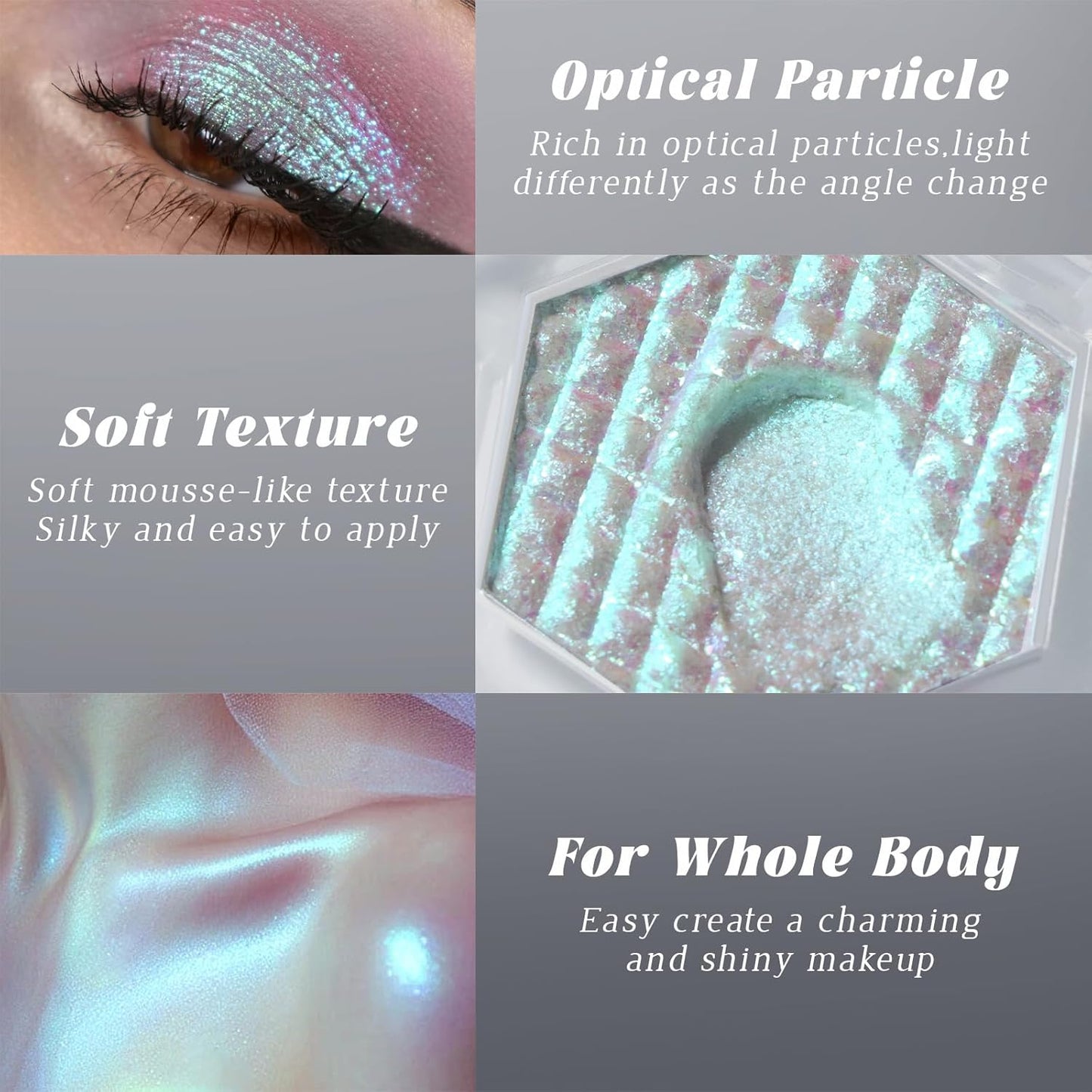 Chameleon Mermaid White Glitter Eyeshadow, Cream to Powder Shimmer Multichrome Single Eyeshadow, Sparkling Holographic Color Shifting Eye Brightener Highlighter Makeup Palette 01