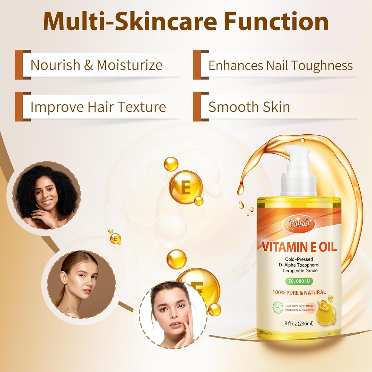 100% Pure Vitamin E Oil, 70,000 IU Organic Vitamin E for Scars, Skin, Face, Nails & Hair, Cold-Pressed Body Oil Nourishes & Moisturizes All Skin Types for Improving Skin Texture