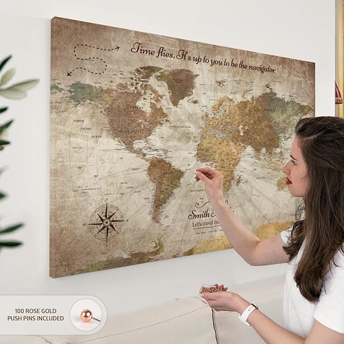 ElephantStock - Personalized Be The Navigator I Push Pin World Map Wall Art - Horizontal Canvas Wall Art - Living Room Wall Decor - Digital Art Map Canvas Art - Brown And Beige Decor - 45" x 30"