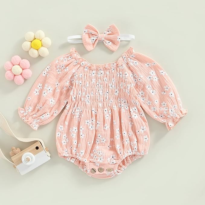 2pcs Infant Baby Girls Romper Dress Headband Long Sleeve Clothing Flowers Newborn Boho Girl Outfit Jumpsuit Clothes