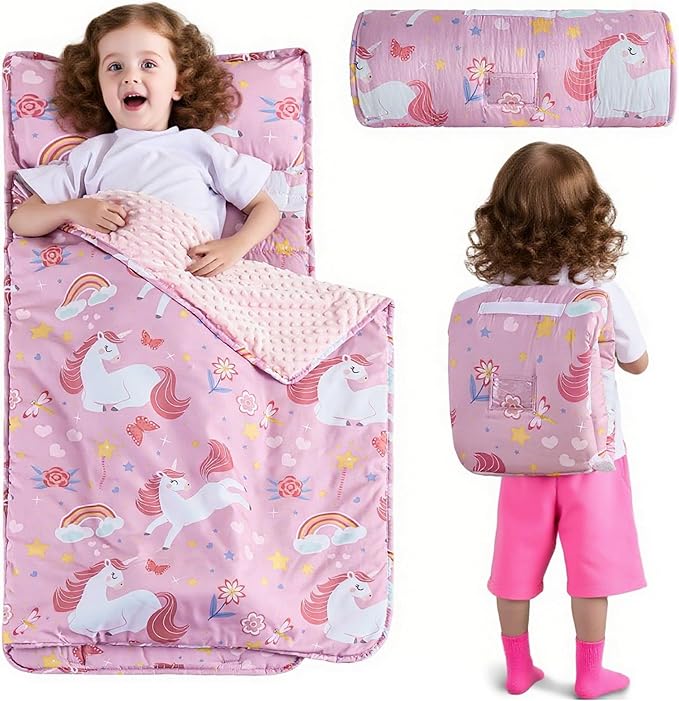 DJY Toddler Nap Mat,Kid Slumber Bag with Removable Pillow & Minky Blanket,Soft Sleeping Mat Perfect for Daycare,Preschool,Kindergarten,Travel