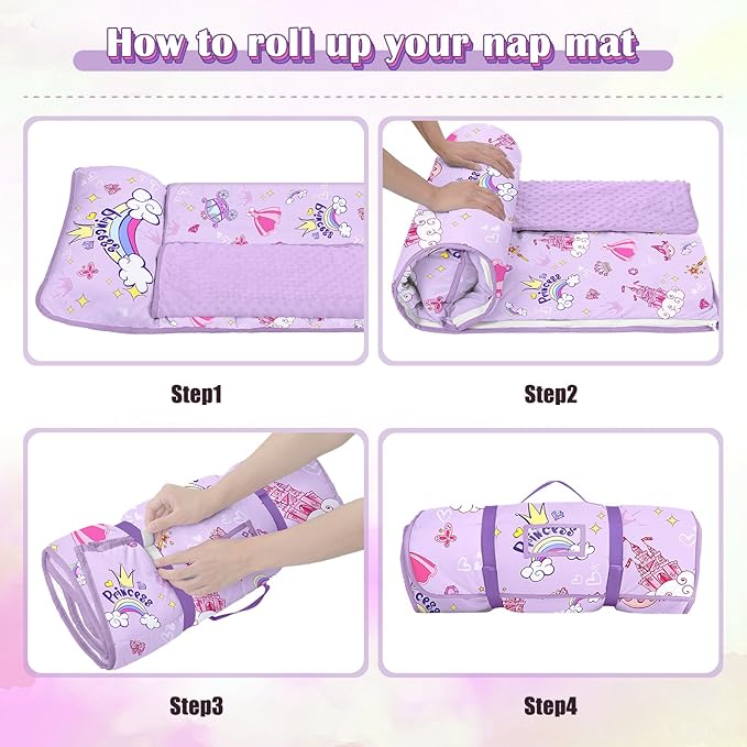 Toddler Nap Mat Kids Sleeping Bag 59"×24", Soft Slumber Bag with Removable Pillow and Blanket for Kids Girls Boys,Roll Up Sleeping Mat Thick for Camping,Daycare, Kindergarden
