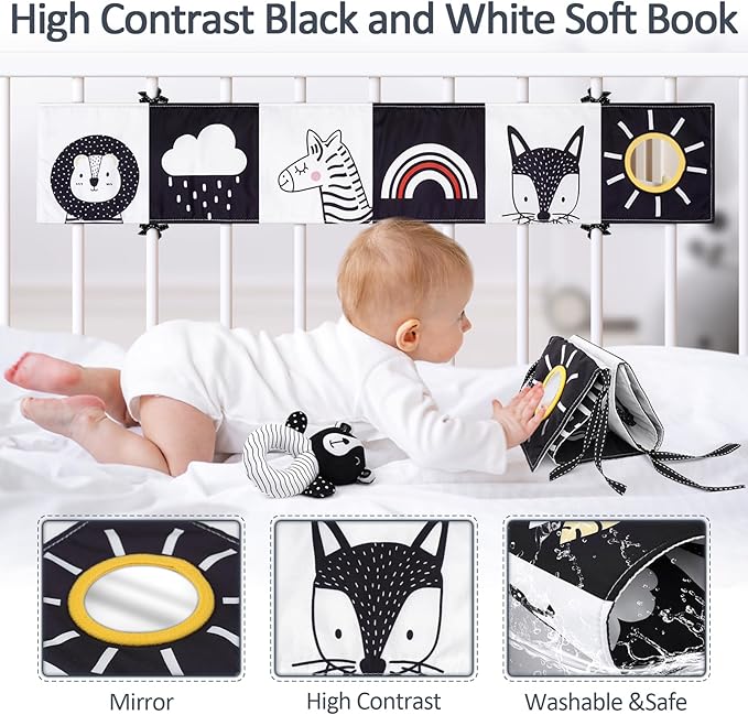 Joyreal High Contrast Baby Toys for Newborn, Black and White Baby Sensory Toys with Car Seat Toys,Infant Toys with Black White Cards Book, Montessori Toys for Baby Gifts