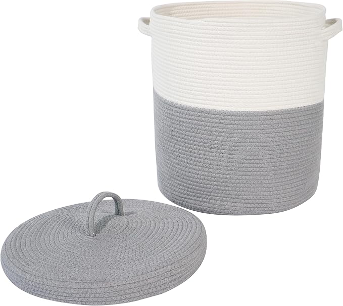 Large Storage Basket with Lid 60L, 16"Wx18"H Woven Laundry Hamper Basket with Handle, Room Decor Cotton Rope Wicker Basket Toy Organizer Bins for Clothes Blankets Pillows, Gray/White Mix includes Lid