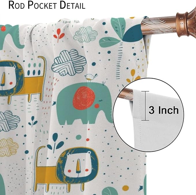 Cute Lions Blackout Curtains for Kids Bedroom,Cartoon Tropical Plants Birds Elephants Print Pattern Window Drapes,Funny Animal Thermal Insulation Curtain for Nursery Baby Room 63x72in