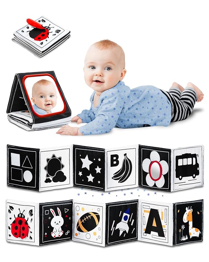 High Contrast Black and White Baby Toys for Newborn 0-6 Months – Contrast Cards & Sensory Baby Book with Mirror – Tummy Time Infant Toys for Visual Stimulation, Early Learning & Brain Development