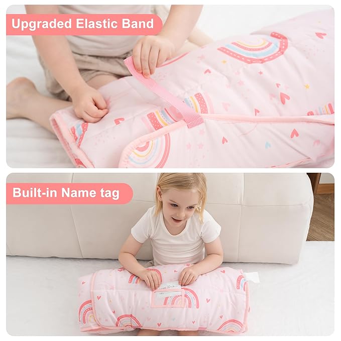 Viviland Toddler Nap Mat with Pillow and Minky Dot Blanket, Large Thick Rolled Sleeping/Slumber Bags, Kids Girls Sleeping Mat for Preschool, Daycare, Kindergarten, Travel Camping- Pink Rainbow