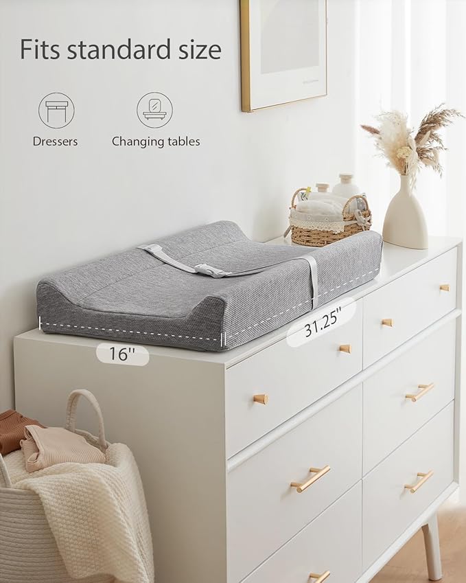 Blissful Diary Baby Changing Pad with Waterproof Lining Foam, Includes a Soft & Washable Cover, Contoured Changing Table Pads for Dresser Top with Non-Slip Bottom, 32”×16” (Grey, Rectangular)