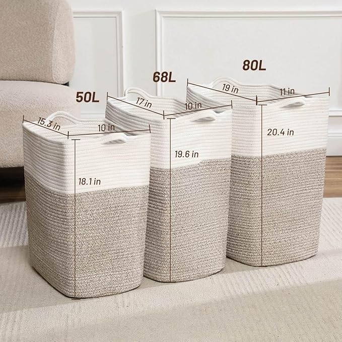 Tall Laundry Basket With Handles,Woven Cotton Rope Big Laundry Hamper Sorters,Versatile Storage for Dirty Clothes,Baby Toys,and Blankets in Bathroom, Nursery,and Living Room (White Brown, 68L)