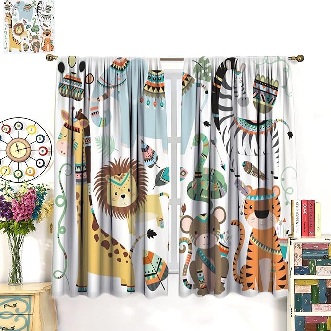 Jungle Tribal Animals Curtains, Southwest Aztec Cartoon Funny Zoo Animals Giraffe Lion Elephant Zebra Tiger Print Thermal Insulation Window Drapes for Kids Boys Girls Bedroom Living Room 63x72in