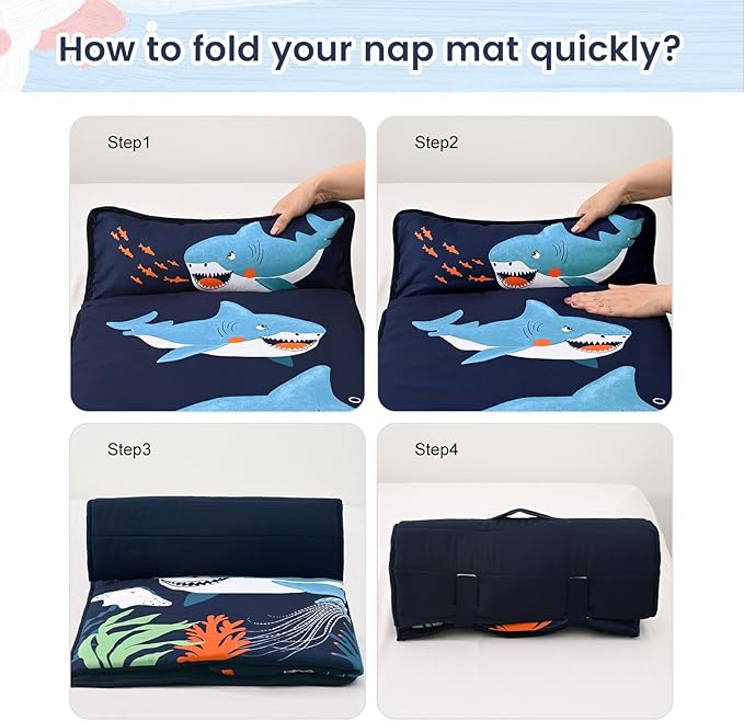 PHF Shark Toddler Nap Mat Set, with Removable Pillow for Toddler Boys, Soft and Lightweight for Daycare, Preschool, Travel, Kindergarten Sleeping Bag, Fits Ages 3-6 Years, Shark