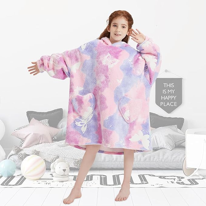 Fiosnow Glow in the Dark Butterfly Blanket Hoodies for Kids 6-13YR Oversize Wearable Blanket Hoodies for Boys Girls Teens