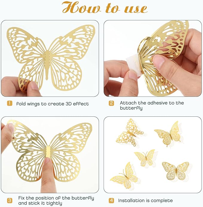 3D Gold Butterfly Wall Decor 3 Sizes 4 Styles Butterfly Party Decorations Cake Decorations Removable Stickers Wall Decor Room Mural Metallic Kids (Gold, 96Pcs)