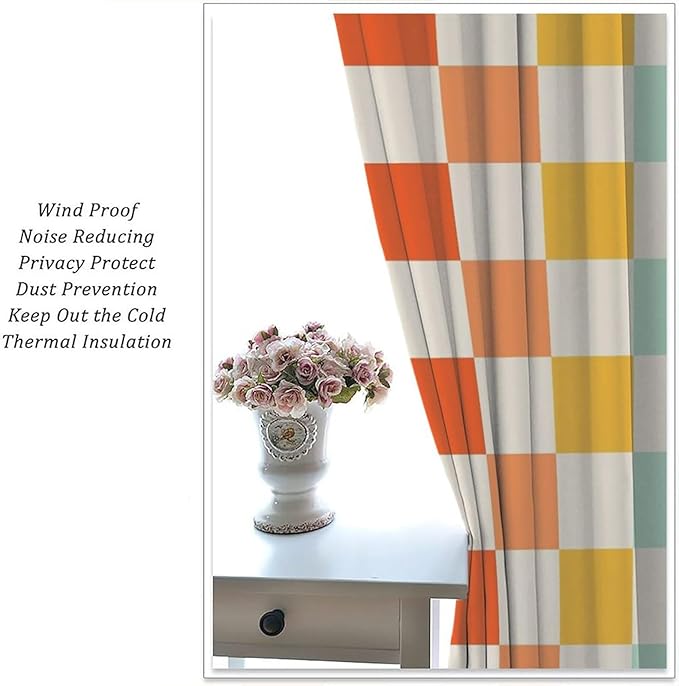 70s Retro Curtains,Cute Green Pink Yellow Checkered Hippie Window Treatments for Kids Girl Bedroom Window 63"" W X 63"" L, Style-7