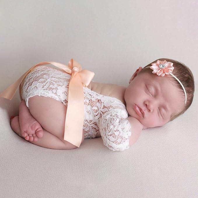 Newborn Girl Photography Outfits, Backless Lace Romper with Flower Headband Photo Props, Baby Girl Photoshoot Outfits