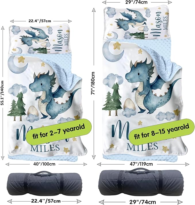 Personalized Toddler Nap Mats for Preschool, Custom Name Kids Sleeping Bag for Daycare, Roll Up Sleeping Mat with Removable Pillow and Soft Dot Minky Blanke for Boys Camping Travel