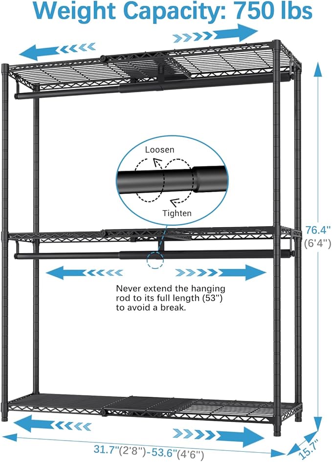 VIPEK X1 Plus Expandable Reach-in Closet Adjustable from 2'8" to 4'6" with Adjustable Shelves and Hanger Rods Clothes Rack Heavy Duty, Metal Clothing Racks Portable Walk-in Closet, Black