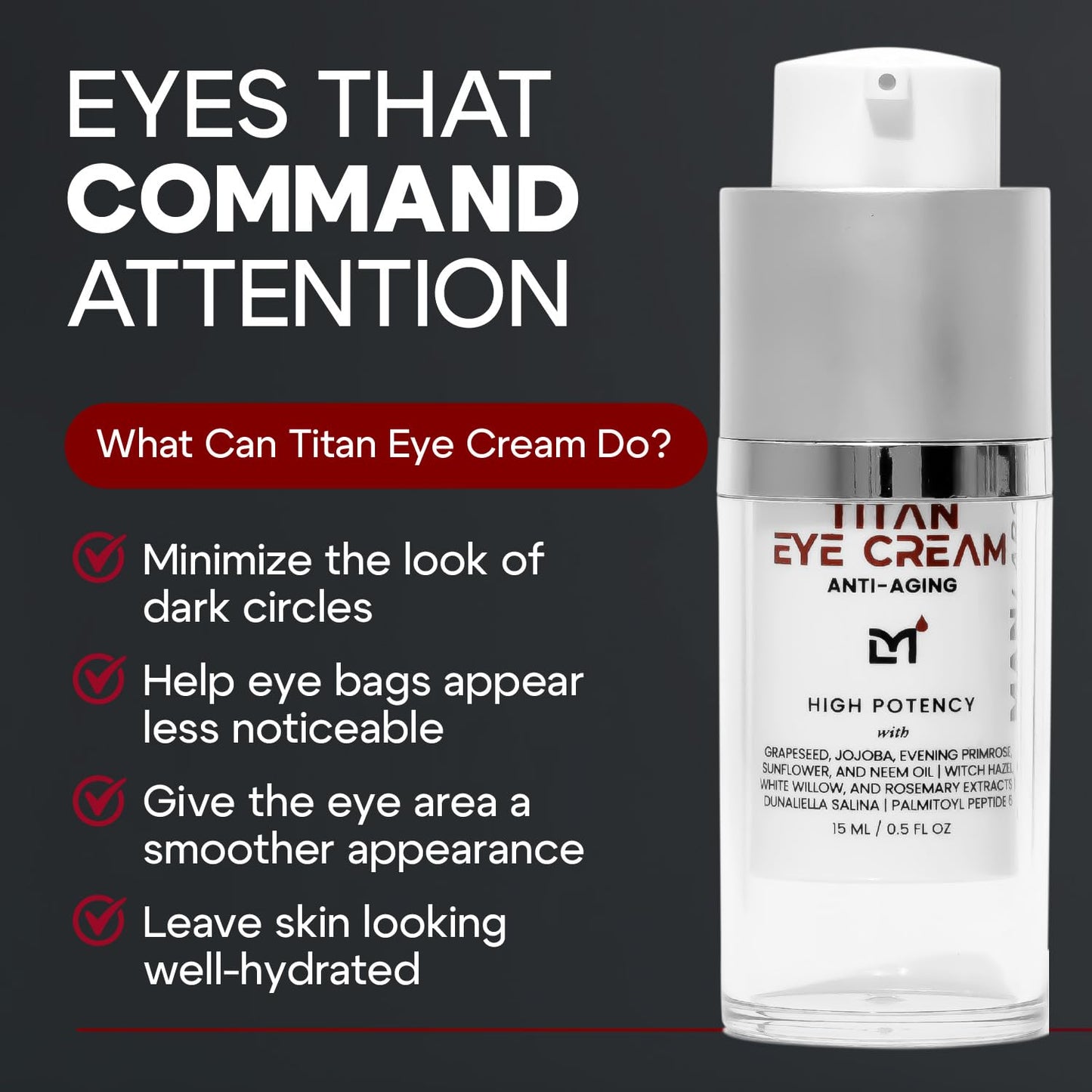 Titan Anti-Aging Mens Eye Cream – Mens Dark Circles Under Eyes Treatment – Eye Bags Treatment for Men – Puffy Eyes Treatments for Men – Peptides, HA, Herbal Extracts –All Skin Types–Unscented