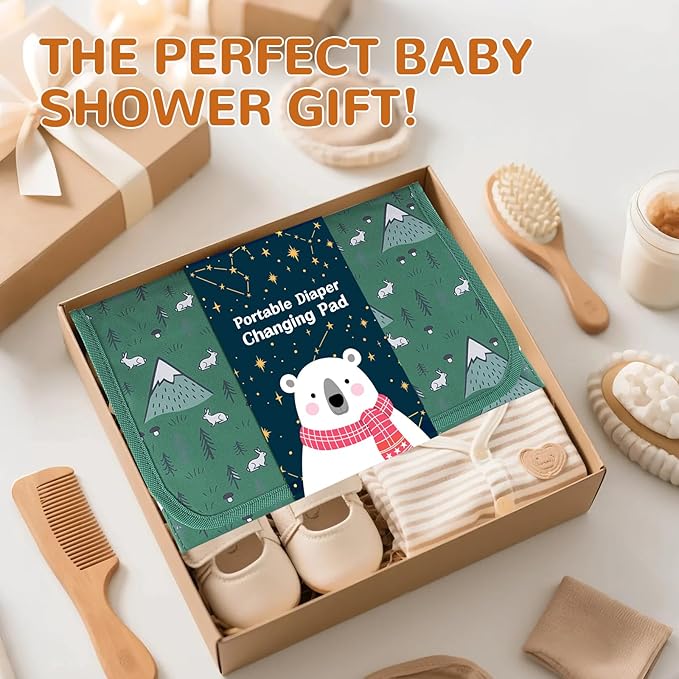 Portable Diaper Changing Pad, Waterproof Baby Changing Mat, Foldable Travel Baby Changing Station, Newborn Essential Baby Shower Registry Gift (Green-Rabbit)