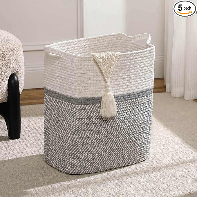 Tall Laundry Basket With Handles,Woven Cotton Rope Big Laundry Hamper Sorters,Versatile Storage for Dirty Clothes,Baby Toys,and Blankets in Bathroom, Nursery,and Living Room (White/Gray, 80L)