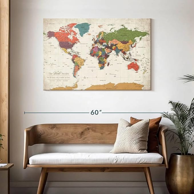 ElephantStock - Personalized World Awaits II Push Pin World Map Wall Art - Horizontal Canvas Wall Art - Living Room Wall Decor - Digital Art Map Canvas Art - Green And Beige Decor - 45" x 30"