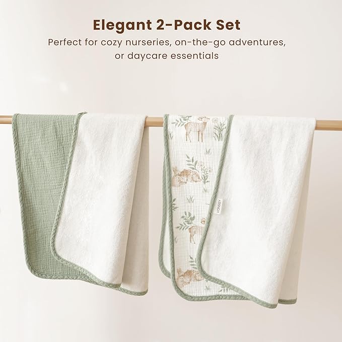 Konssy 2 Pack Waterproof Muslin Cotton Portable Changing Pad 30"x 17", Soft & Foldable Baby Changing Mat Travel Pad with Terry Backing, Shower Gift for Newborn Girls Boys (Woodland,Sage)