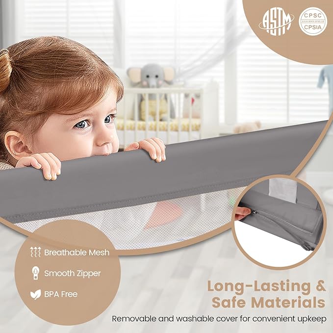 HONEY JOY Bed Rail for Toddlers, 59-in Extra Long, Portable Safety Bed Guardrail w/Double Safety Child Lock, Foldable Baby Bed Rail Guard, Fit King & Queen Full Twin Size Bed Mattress (1 Pack, Gray)