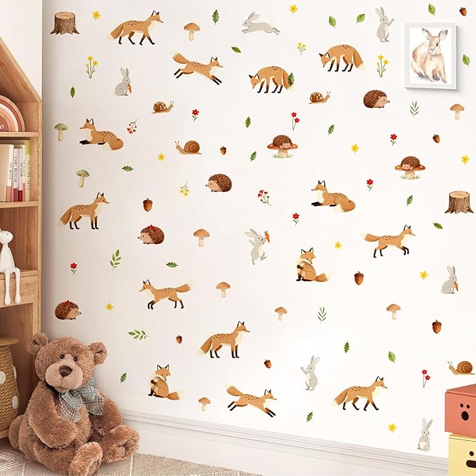 Woodland Animal Wall Stickers Cute Animals Wall Decals Peel and Stick Catroon Animal Decal Funny Fox Hedgehog Rabbit Stickers Forest Woodland Decals for Kids Room Bedroom Nursery Decor