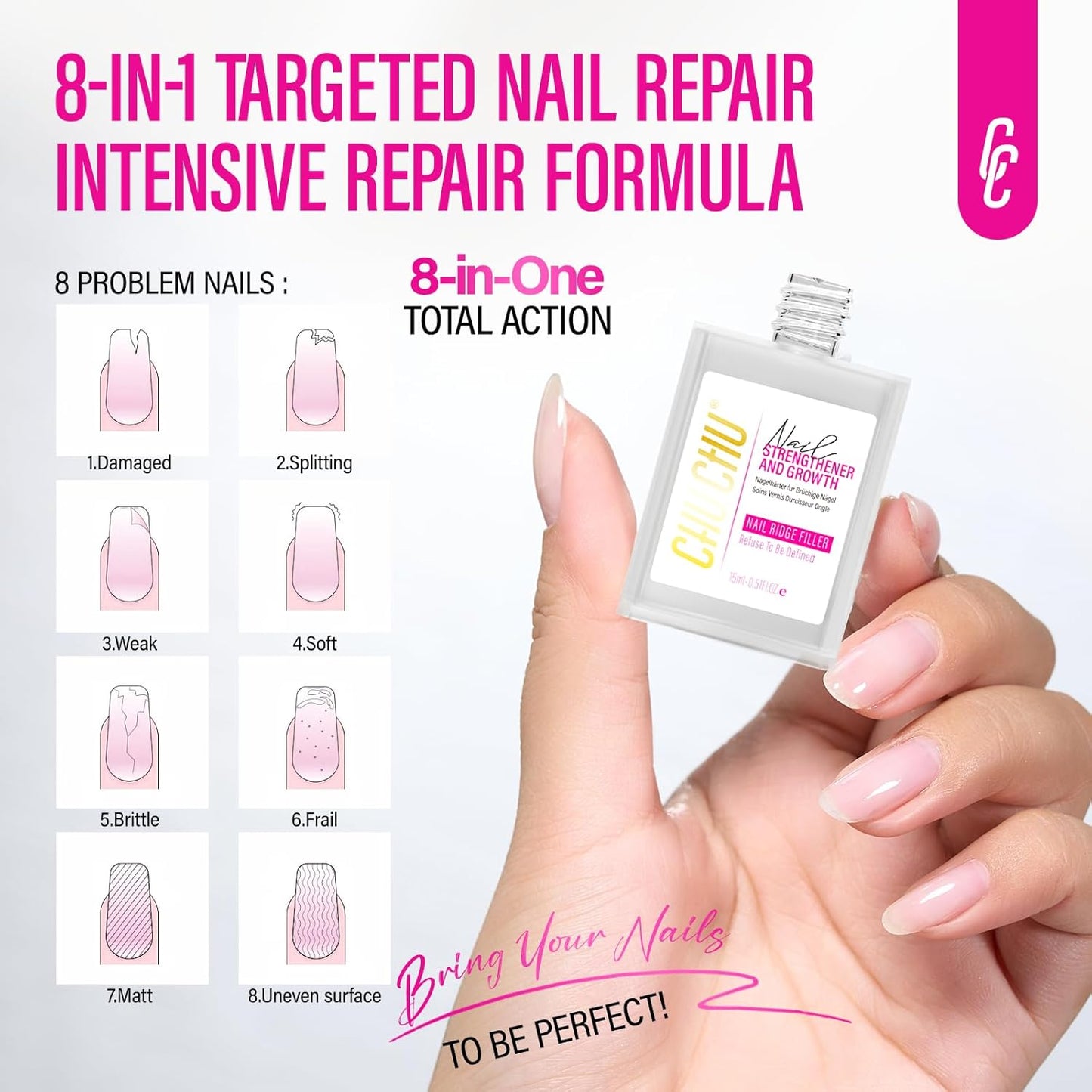 CHUCHU Nail Strengthener Base Coat: Quick Dry Protein Clear Hardener Polish - Repair Ridge Filler for Women Men Beginners Home Salon Gift - 15ML