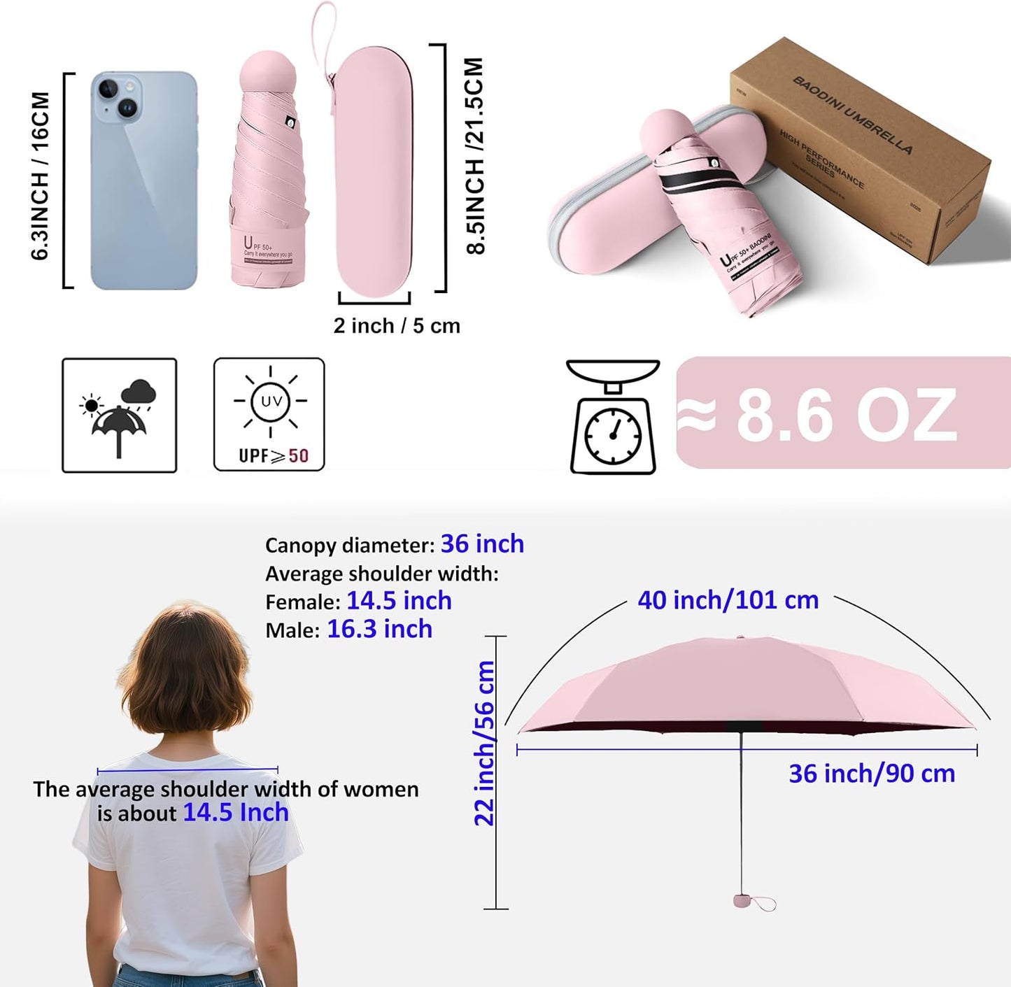 BAODINI Travel Essentials Mini Umbrella for Purse With Case Small Compact UV Sun Protection Lightweight Tiny Pocket Manual Open Close Umbrella for Women Kids and Men Fit Purse Backpack