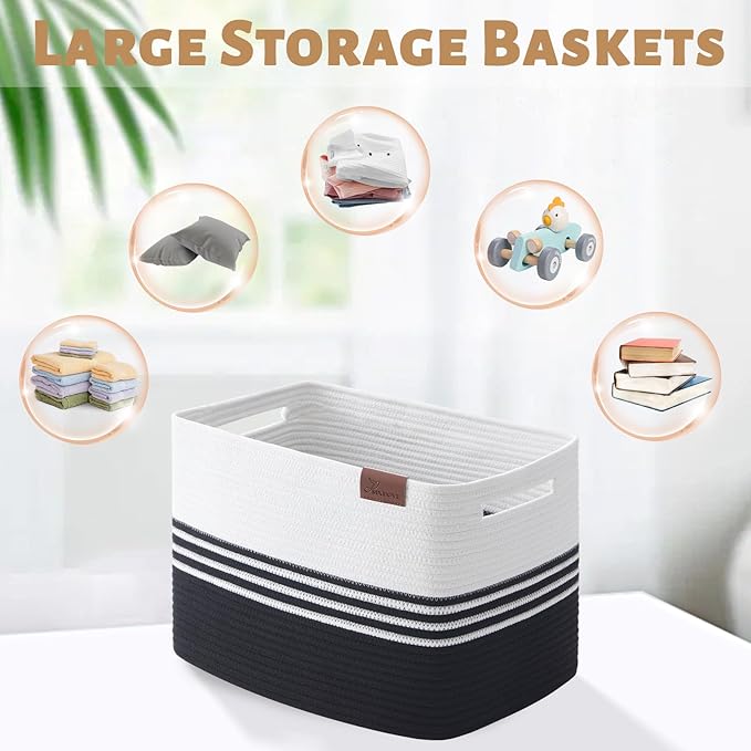 Storage Baskets, 42L*2 Pack Storage Baskets for Organizing, Laundry Basket for Closet, Cotton Rope Blanket Basket for Storage, Toy Storage Basket for Living Room, Laundry Room, Bedroom-Black