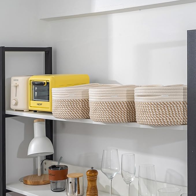 CubesLand Small Storage Baskets for Shelves, Closet Organization Storage Bins Empty Gift Basket 3 Packs Baby Nursery Woven Baskets for Organizing, Rectangular Clothes Closet Shelves Baskets