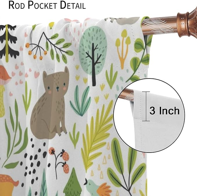 Cartoon Forest Kids Curtains,Cute Woodland Wild Animals Colorful Deer Plants Trees Print Pattern Thermal Insulation Blackout Window Drapes for Nursery Boys Girls Bedroom,White Background 42x45 Inch