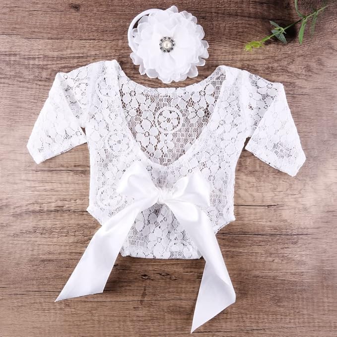Newborn Girl Photography Outfits, Backless Lace Romper with Flower Headband Photo Props, Baby Girl Photoshoot Outfits