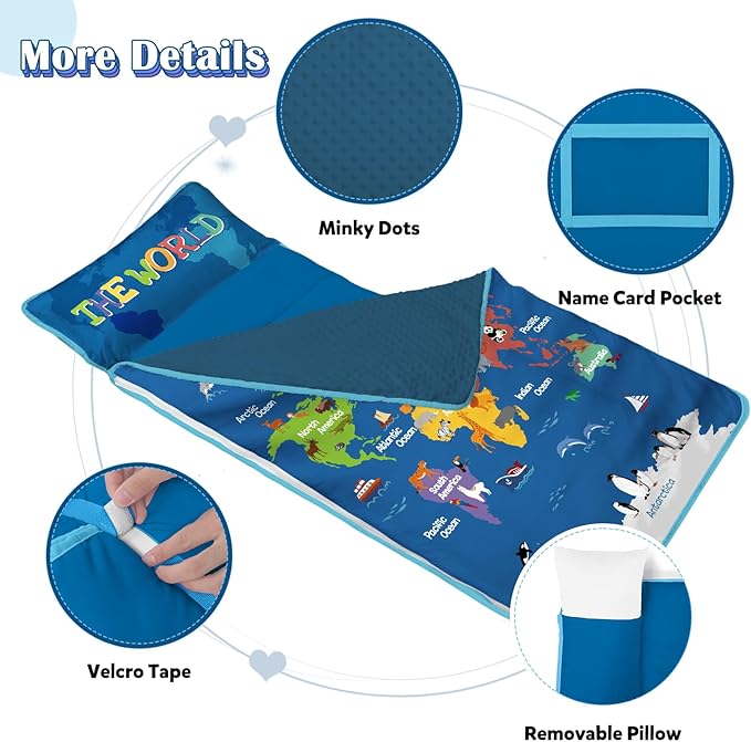 Toddler Nap Mat Kids Sleeping Bag 59"×24", Soft Slumber Bag with Removable Pillow and Blanket for Kids Girls Boys,Roll Up Sleeping Mat Thick for Camping,Daycare, Kindergarden
