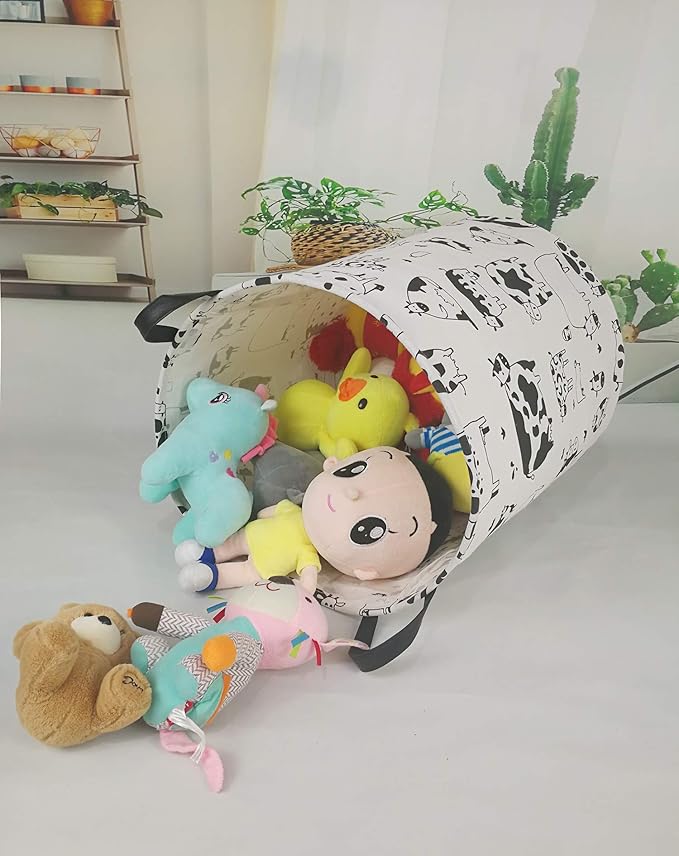 KUNRO Round Laundry Basket Hamper Kids Toys and Clothes Storage Basket Children Gift Basket Baby Toy Organizer Bins for Room Decor (Cow)