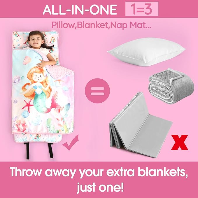 ACRABROS Toddler Nap Mat with Pillow and Blanket, Extra Large Rolled Napping Mats,Slumber Bags for Boys Girls,Kids Sleeping Bag for Daycare, Preschool Travel Camping, Shell Mermaid