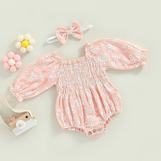 2pcs Infant Baby Girls Romper Dress Headband Long Sleeve Clothing Flowers Newborn Boho Girl Outfit Jumpsuit Clothes