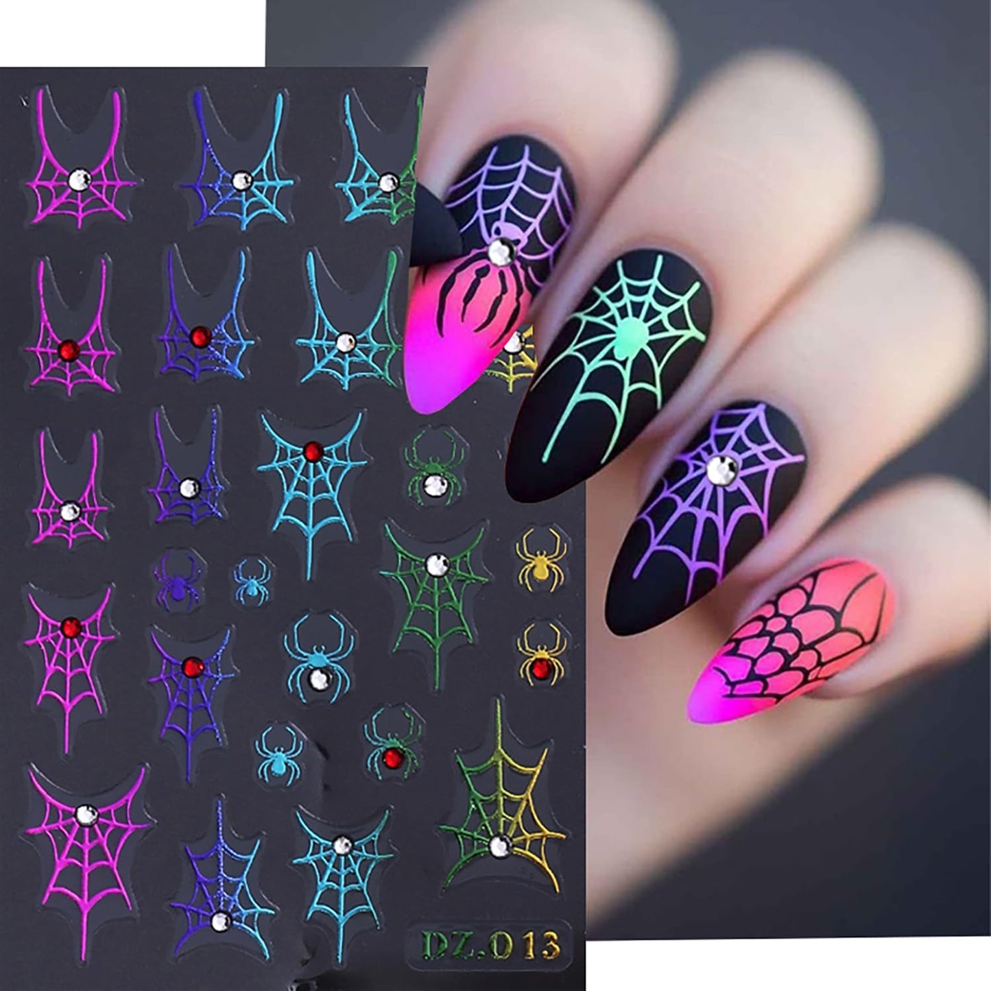 3 Sheets Spider Web Nail Stickers for Nail Art Gold Silver Halloween Nail Art Stickers Holographic Laser Spider Nail Decals With Diamond Designs 5D Self-Adhesive Scary Halloween Nail Sticker for Women