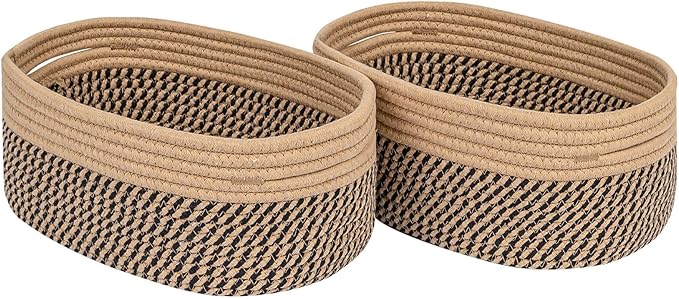 CubesLand Small Cube Shelf Closet Storage Baskets Bins Set 2,Woven Basket for Organizing/Storage, Long-lasting &Skin-friendly Storage Basket Bin,Stylish Room Decor Basket,Camel/Mixed Black Rope Basket