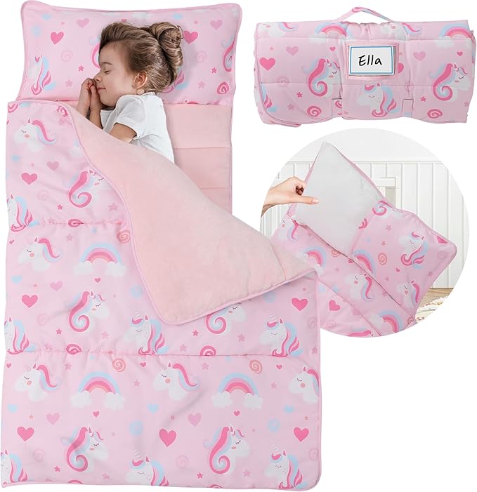 Toddler Nap Mat with Detachable Pillow & Blanket - Soft Plush Minky Fleece Kids Sleeping Bag for Daycare, Preschool & Travel - Portable Roll-Up Design with Carry Handle - Boys Girls Ages 3+